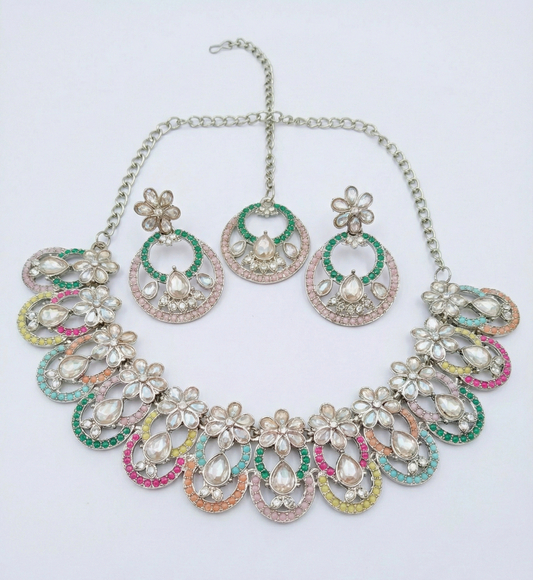 Antique Gold Plated Pastel Multi Color Kundan Necklace Set with Maang Tikka
