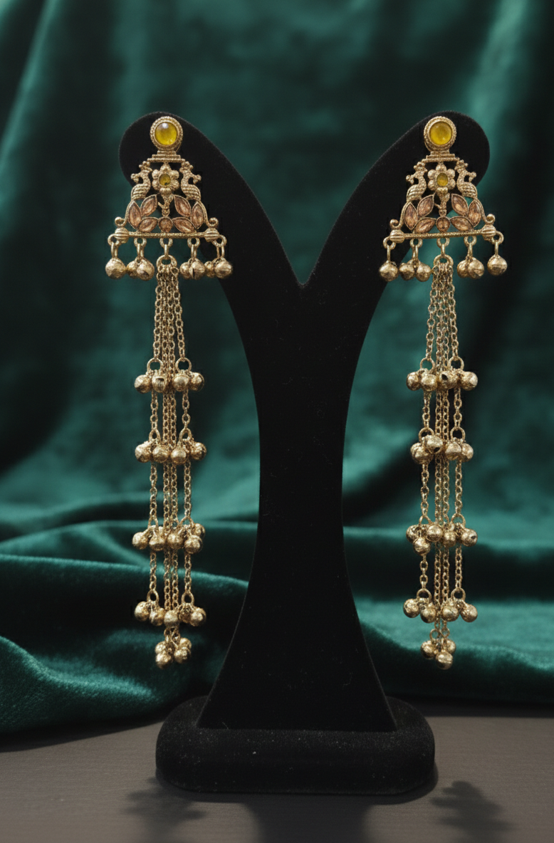 Close-up view of premium artificial Gold Plated Traditional Jhumka Drop Earrings with Yellow Stone & Long Chain Tassels by Innovate Art Impex.