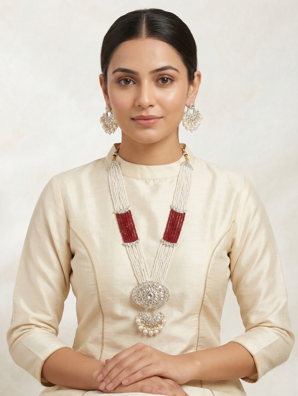 Close-up view of premium artificial Luxury Multi-Layered Pearl Rani Haar with Chandbali Pendant – Available in Maroon by Innovate Art Impex.