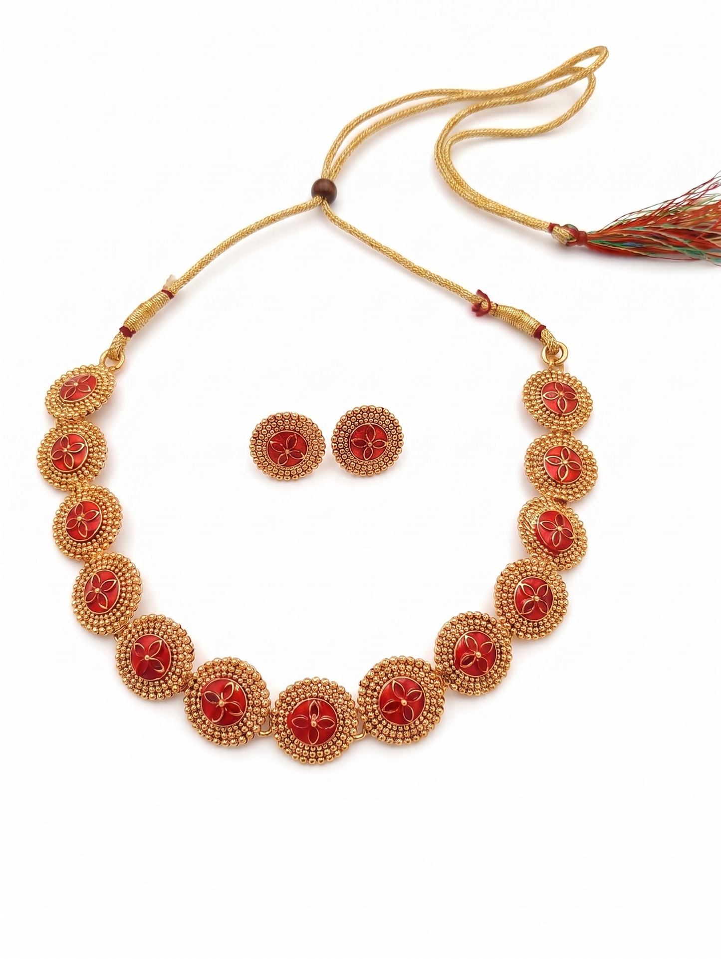 Traditional matte gold tone red enamel floral medallion choker set with matching stud earrings.C