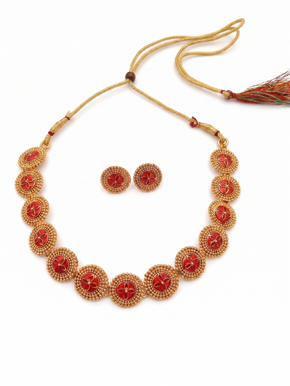 Traditional matte gold tone red enamel floral medallion choker set with matching stud earrings.C