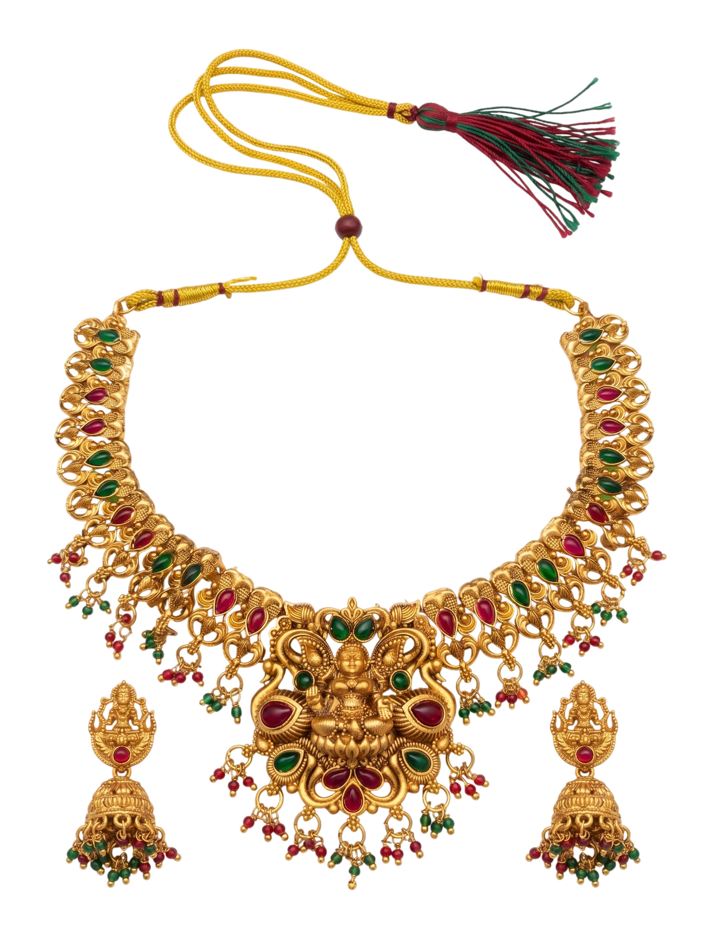 Handcrafted Antique Gold Temple Jewelry Set: Goddess Lakshmi Choker & Matching Jhumkas