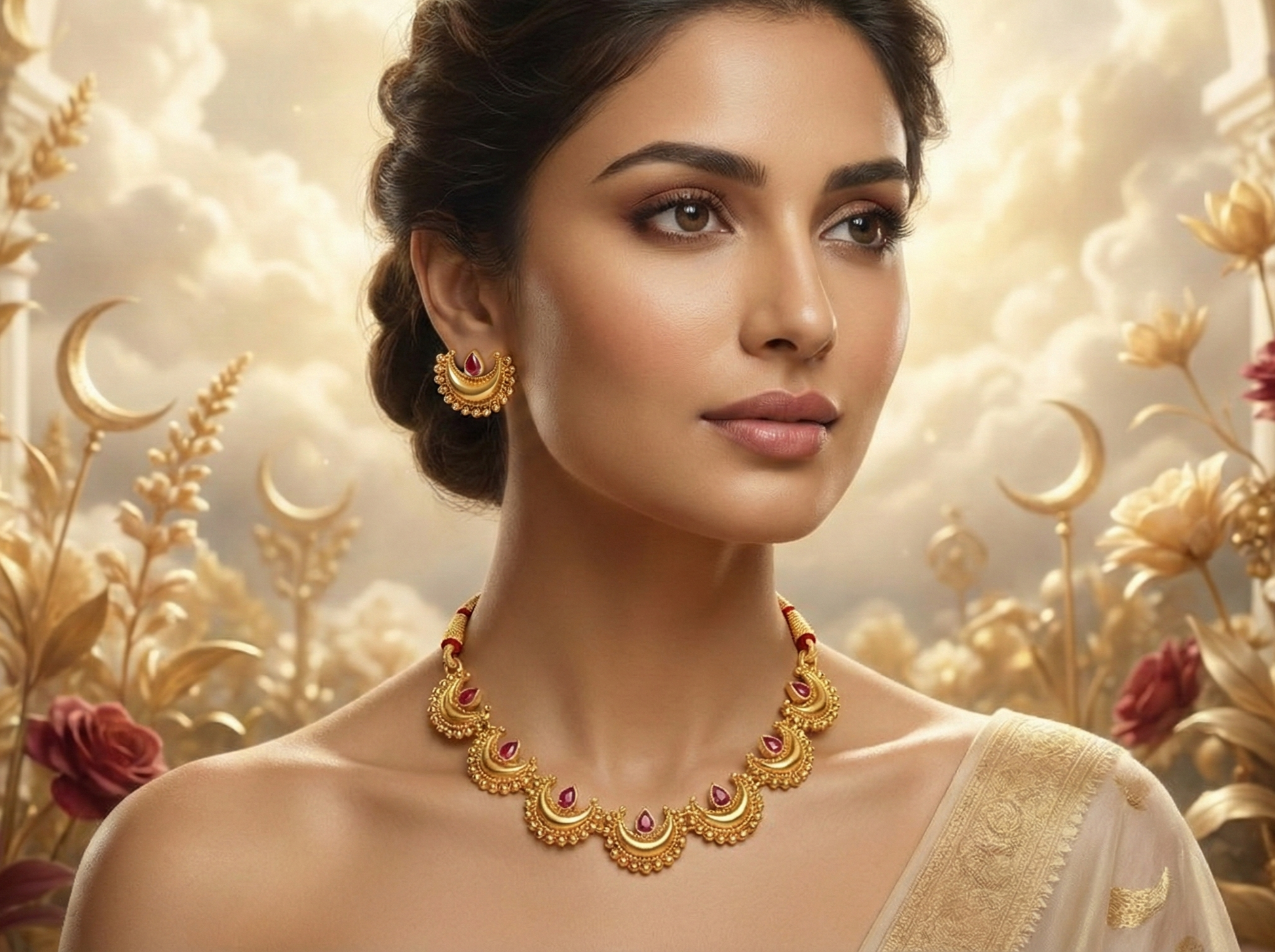 Close-up view of premium artificial Traditional Maharashtrian Chandrakor Rubu Red Stone Necklace Set   Gold Plated by Innovate Art Impex.