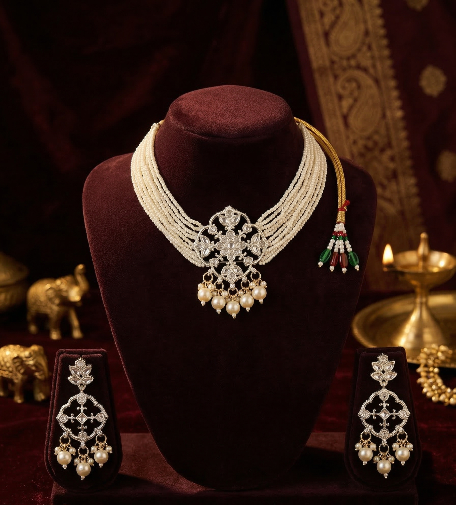 Close-up view of premium artificial Luxury Bridal Kundan Choker Set with Pearl Hangings – Available in White by Innovate Art Impex.