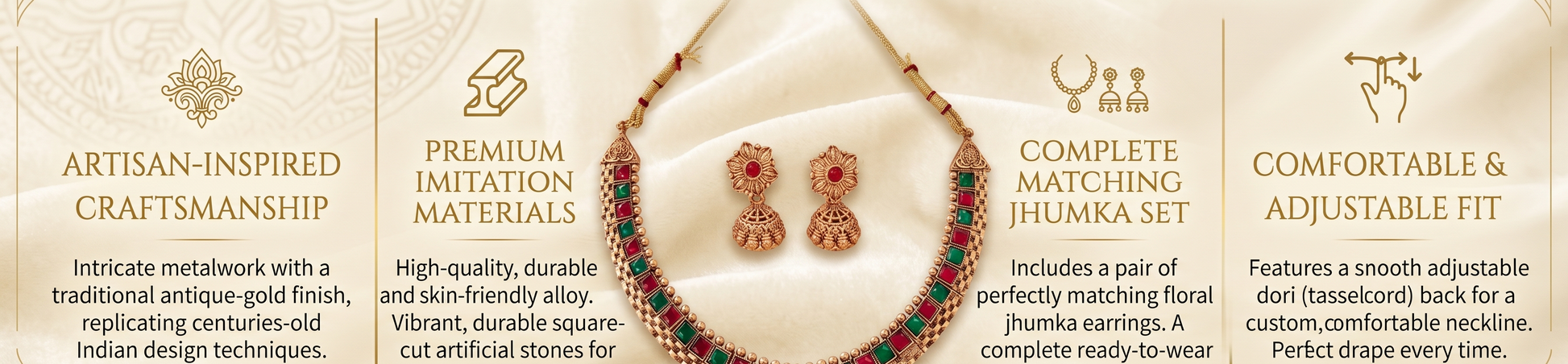 Jhumka set with floral design and adjustable dori, featuring artisanal craftsmanship and premium materials.