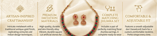 Jhumka set with floral design and adjustable dori, featuring artisanal craftsmanship and premium materials.