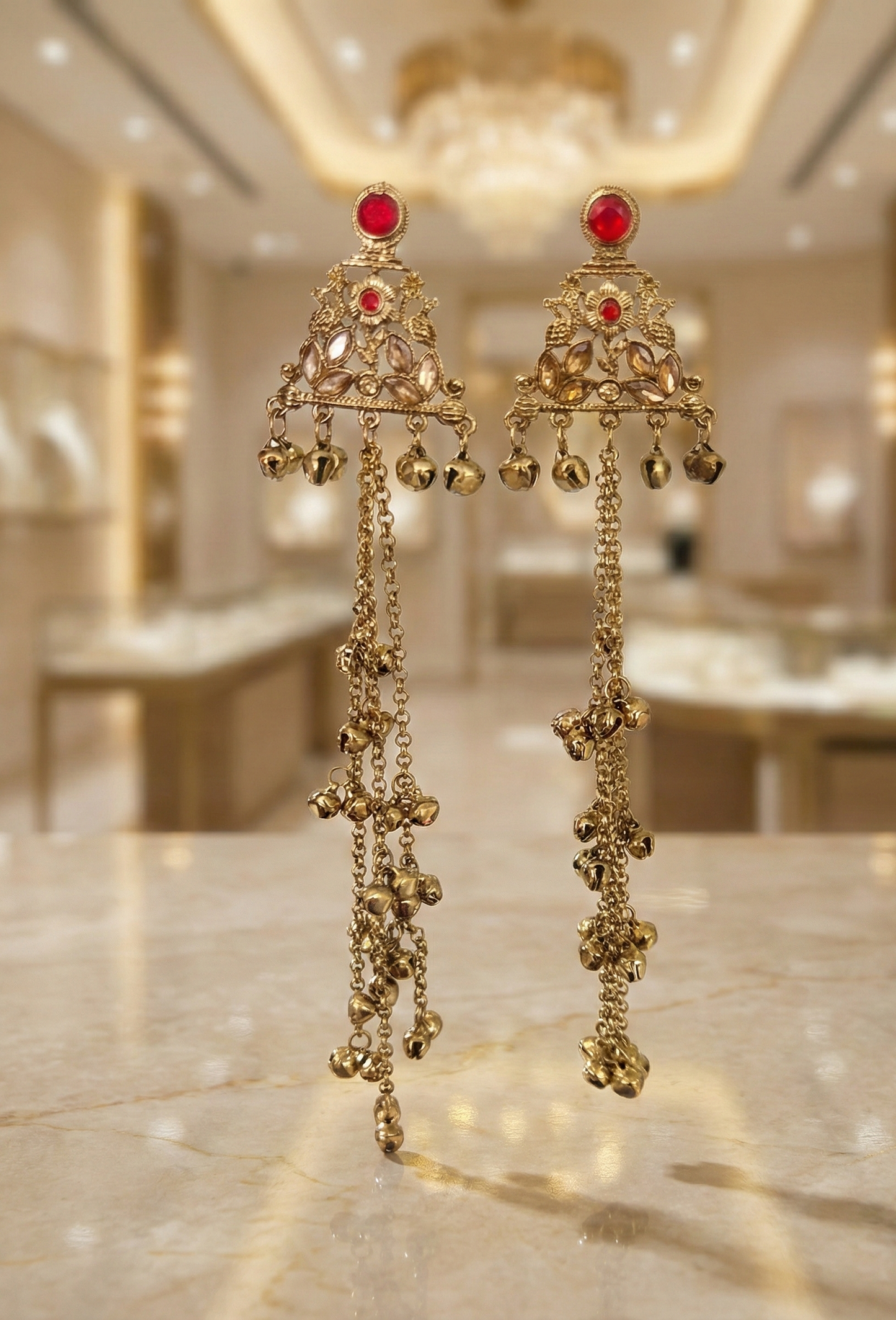 Close-up view of premium artificial Antique Gold Plated Long Tassel Drop Earrings with Teardrop Gemstone & Cascading Ghungroo Bells by Innovate Art Impex.