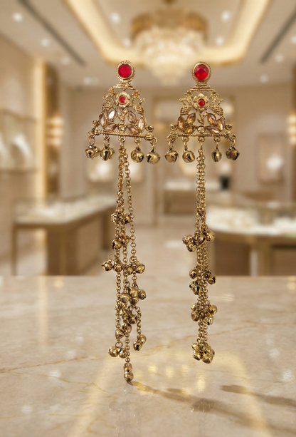 Close-up view of premium artificial Antique Gold Plated Long Tassel Drop Earrings with Teardrop Gemstone & Cascading Ghungroo Bells by Innovate Art Impex.