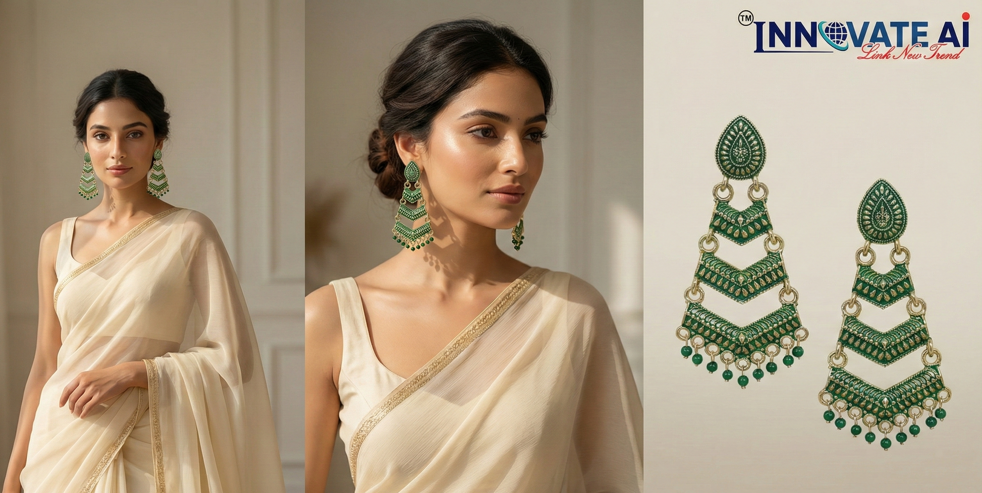 Close-up view of premium artificial Green Meenakari Gold Plated Layered Drop Earrings with Pearl Hanging by Innovate Art Impex.