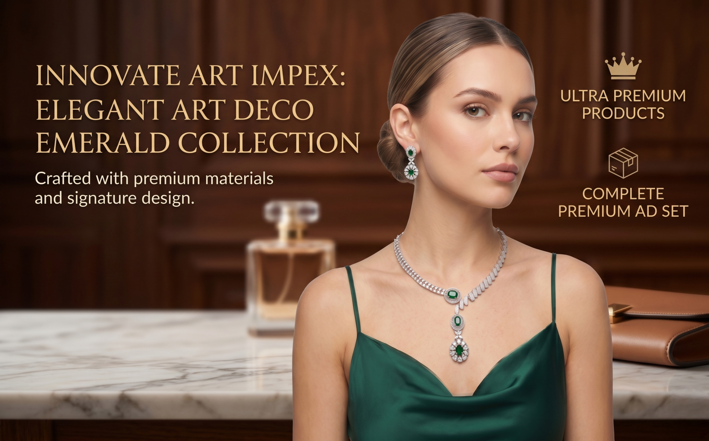 Woman wearing an emerald necklace with jewelry and perfume in the background, featuring Ultra Premium Products branding.