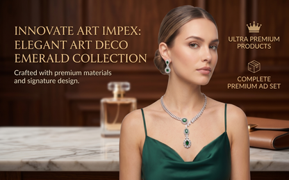 Woman wearing an emerald necklace with jewelry and perfume in the background, featuring Ultra Premium Products branding.