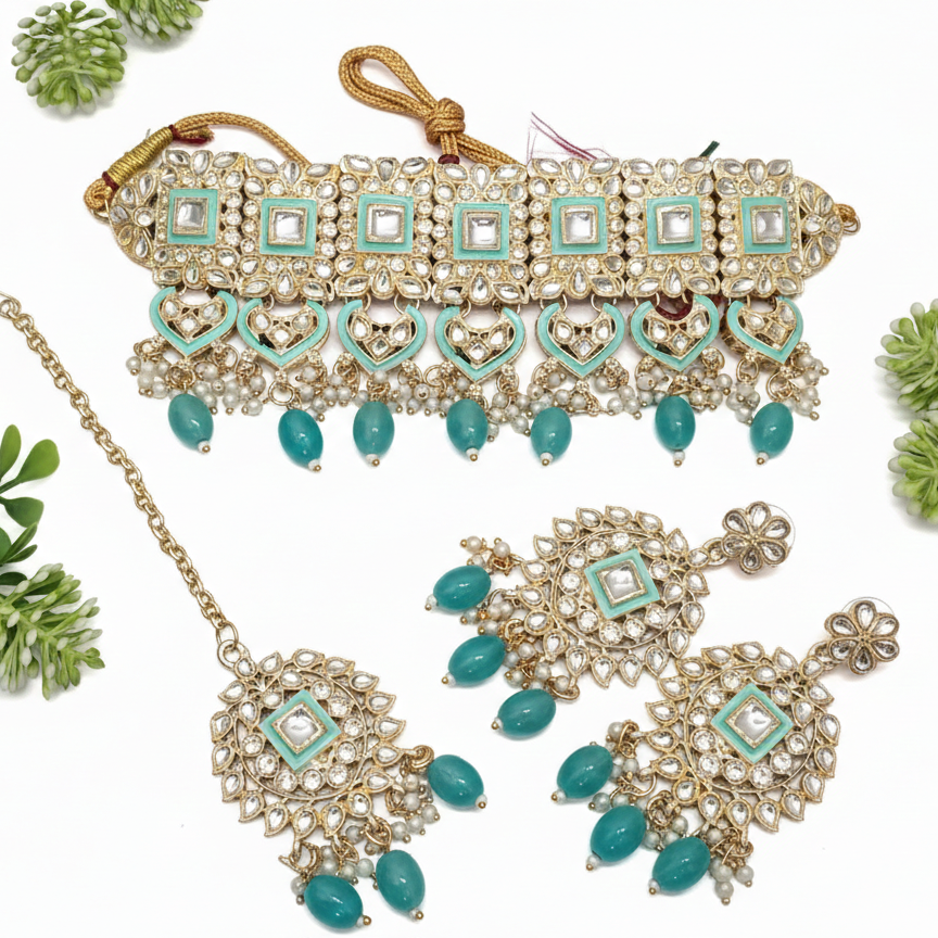 Close-up view of premium artificial Gold Finish Kundan Polki & Turquoise Stone Meenakari Choker Necklace Set by Innovate Art Impex.
