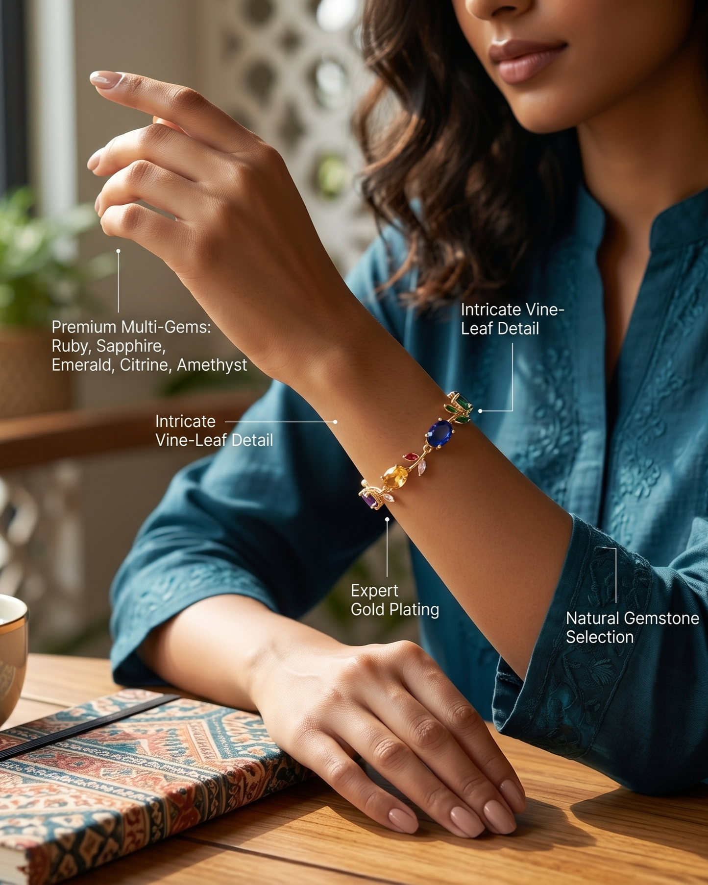 Rainbow Vine Multi-Gemstone Bracelet - Gold Plated Botanical Leaf Link Design with Oval Ruby, Sapphire, Emerald, Amethyst & Citrine