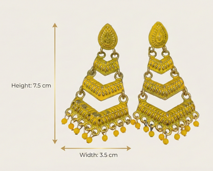 Close-up view of premium artificial Yellow Meenakari Gold Plated Layered Drop Earrings with Pearl Hanging by Innovate Art Impex.