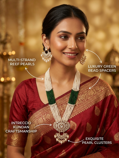 Close-up view of premium artificial Traditional Bridal Long Haram Set with Intricate Kundan Pendant and Seed Beads by Innovate Art Impex.