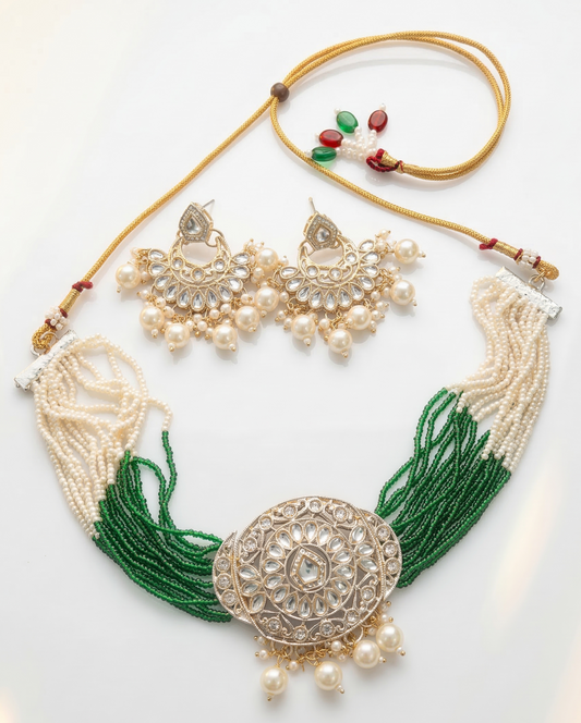 Close-up view of premium artificial Traditional Pearl & Kundan Studded Statement Choker Set for Weddings & Festive Wear by Innovate Art Impex.