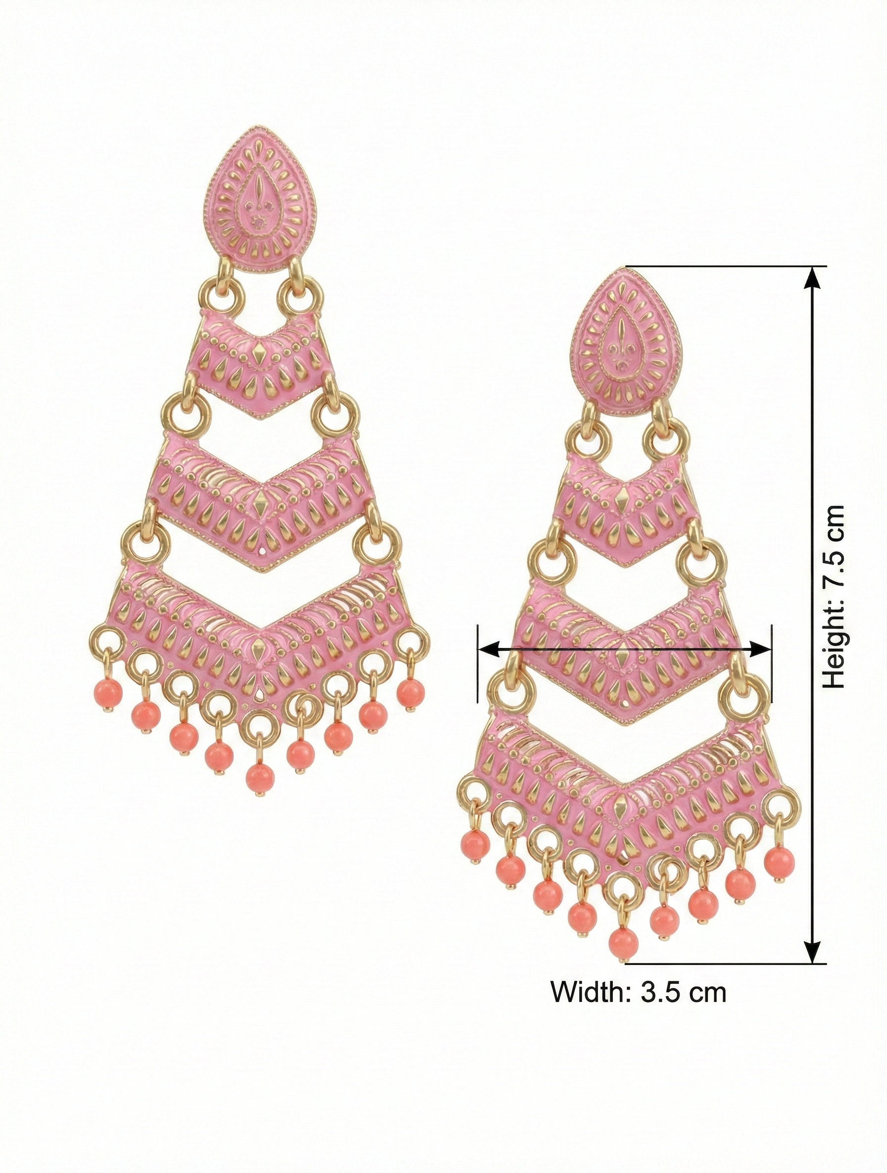 Close-up view of premium artificial Pink Meenakari Gold Plated Layered Drop Earrings with Pearl Hanging by Innovate Art Impex.