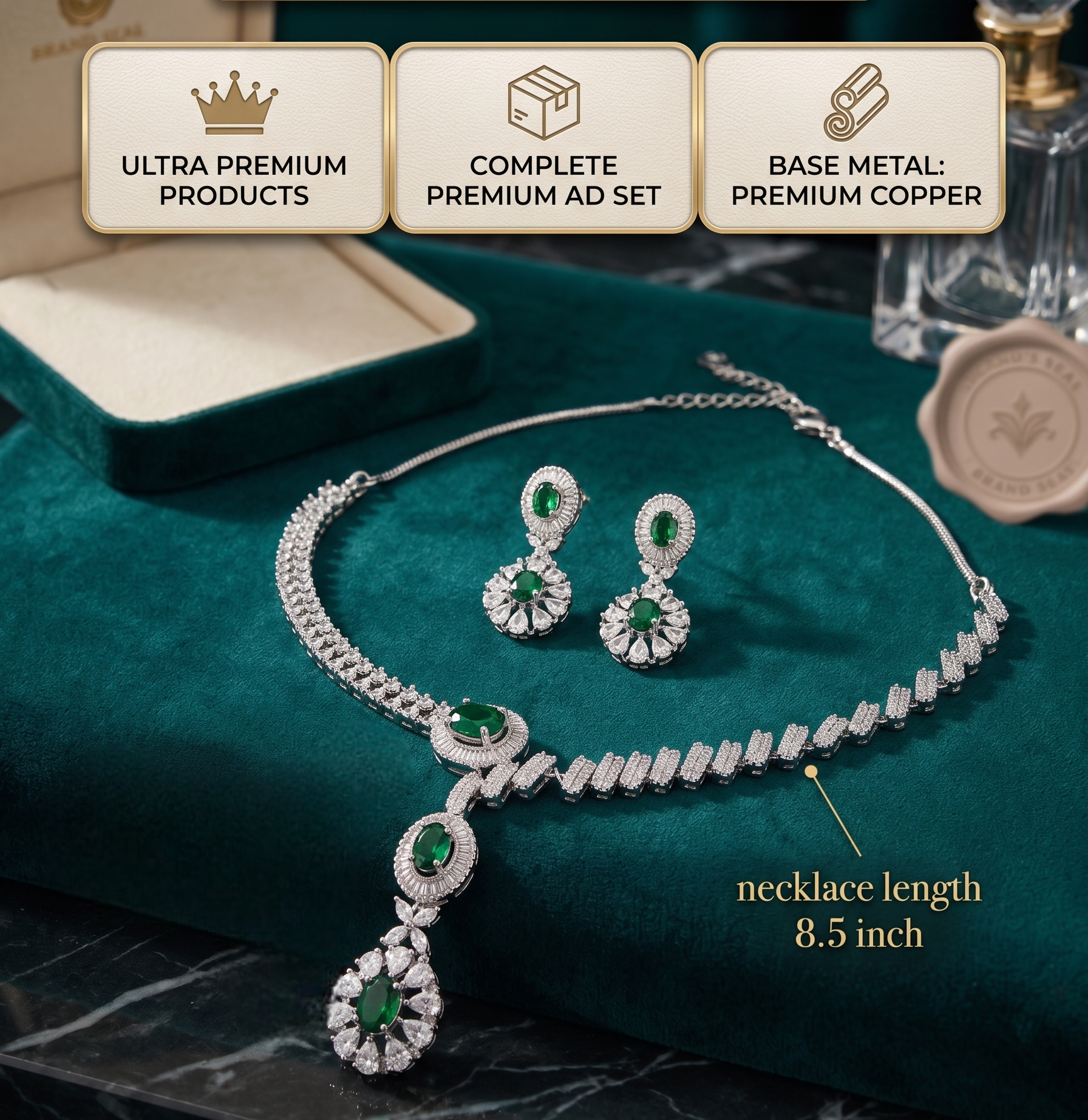 Jewelry set with necklace and earrings on a green surface, featuring premium materials.