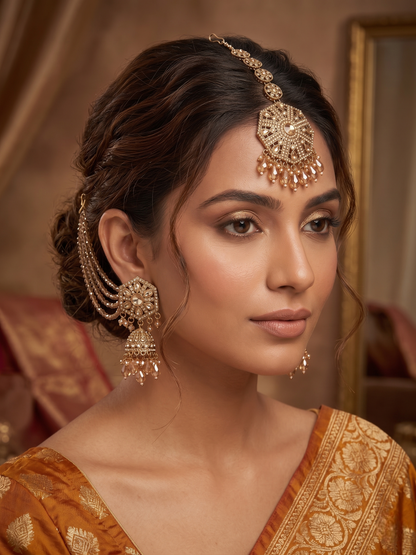 Woman wearing traditional jewelry and a saree in a warm-toned setting