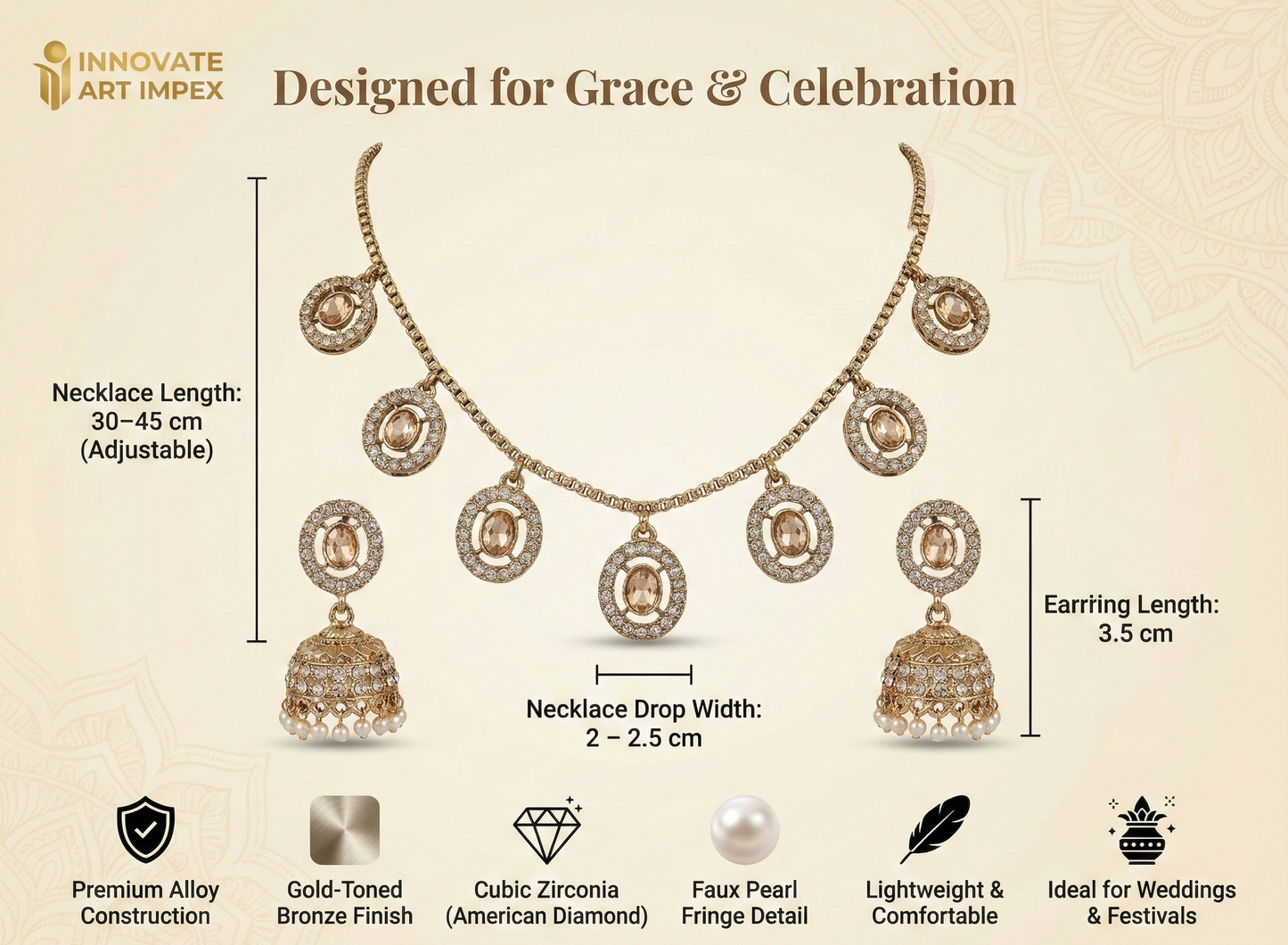 Close-up view of premium artificial Champagne Gold Medallion Charm Necklace & Pearl Drop Jhumka Earring Set by Innovate Art Impex.