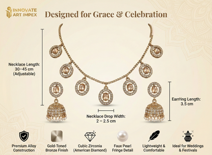 Close-up view of premium artificial Champagne Gold Medallion Charm Necklace & Pearl Drop Jhumka Earring Set by Innovate Art Impex.