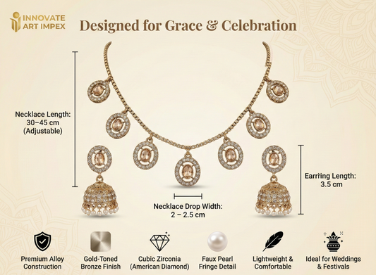 Close-up view of premium artificial Champagne Gold Medallion Charm Necklace & Pearl Drop Jhumka Earring Set by Innovate Art Impex.