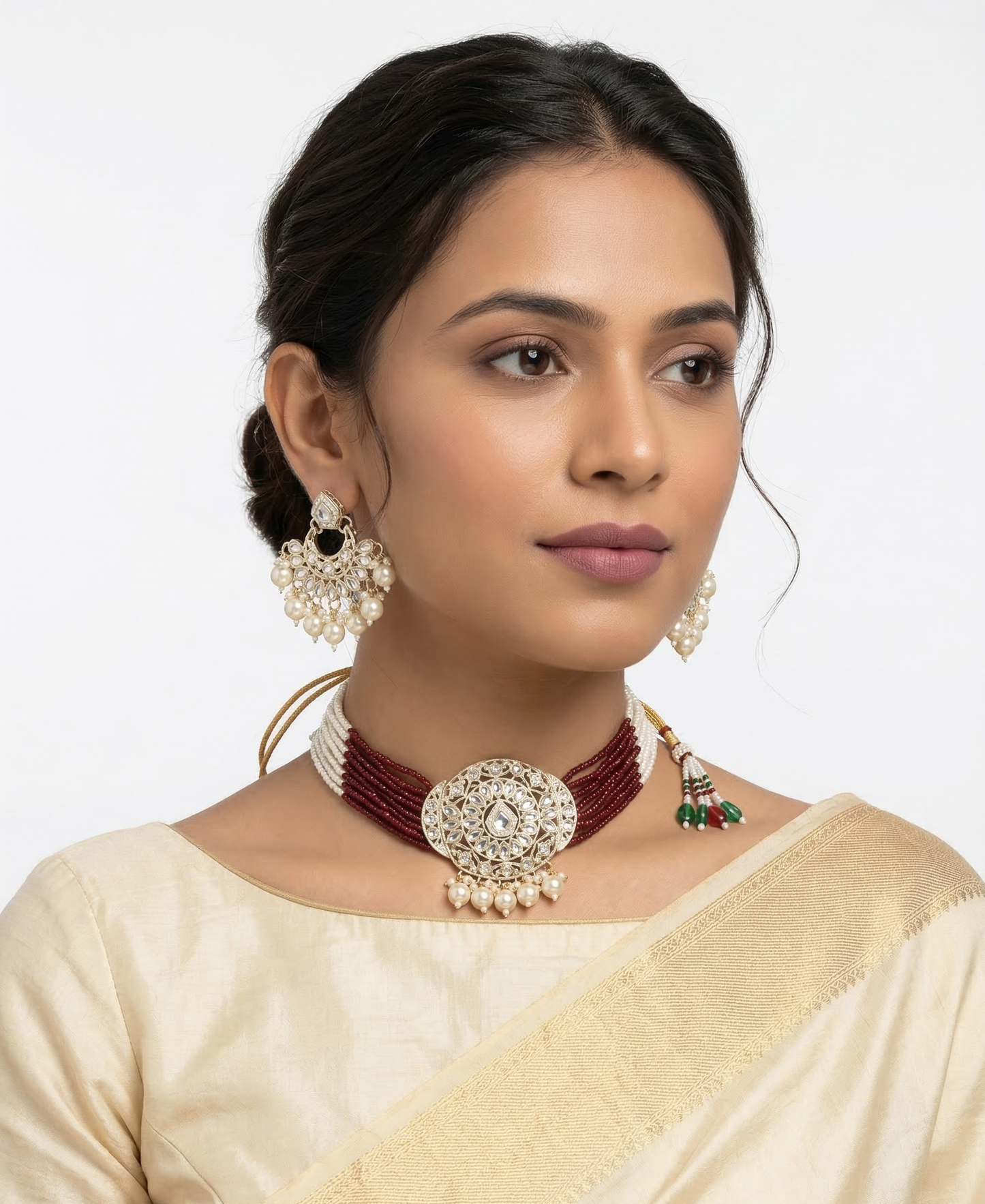 Close-up view of premium artificial Luxury Ethnic Multi-Strand Choker Jewellery Set with Chandbali Style Earrings by Innovate Art Impex.