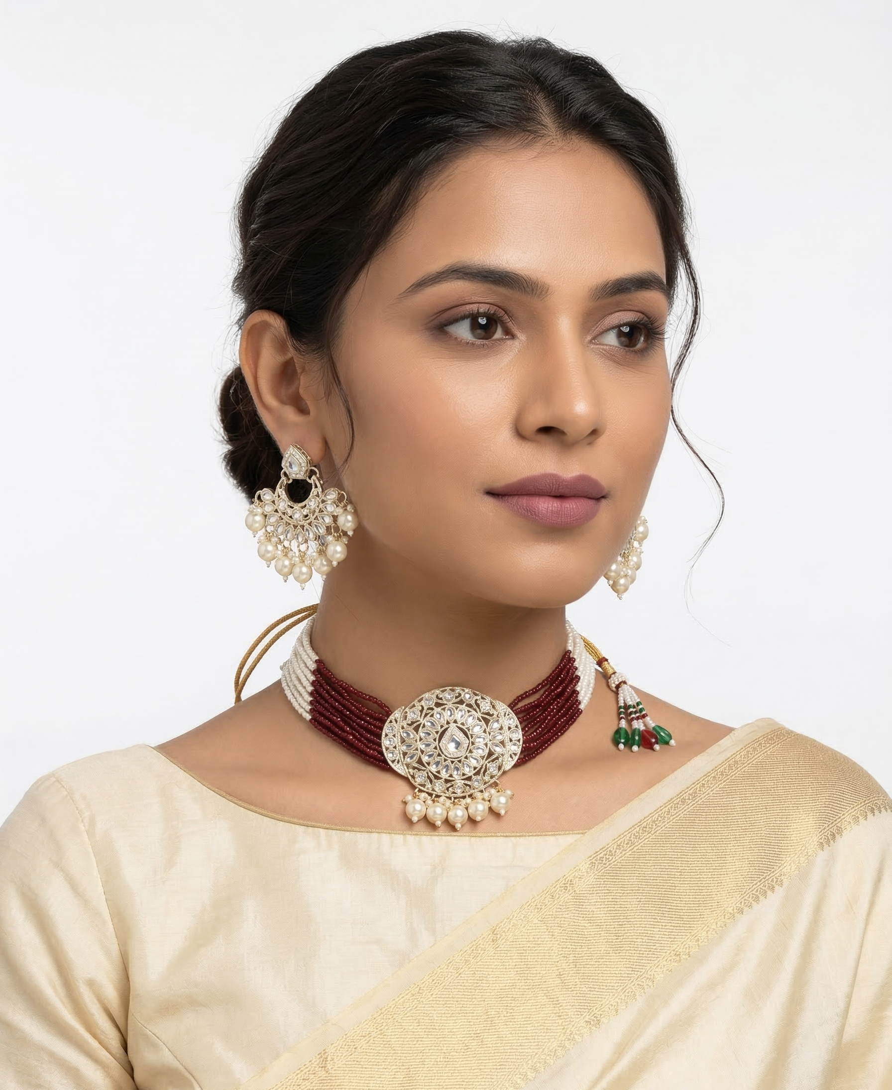 Close-up view of premium artificial Luxury Ethnic Multi-Strand Choker Jewellery Set with Chandbali Style Earrings by Innovate Art Impex.