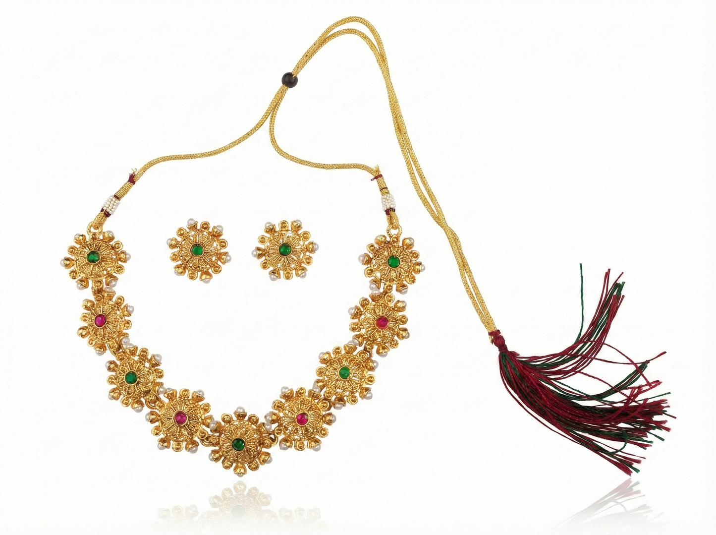 Close-up view of premium artificial Traditional Gold Plated Floral Choker Necklace Set with Ruby & Emerald Stones by Innovate Art Impex.