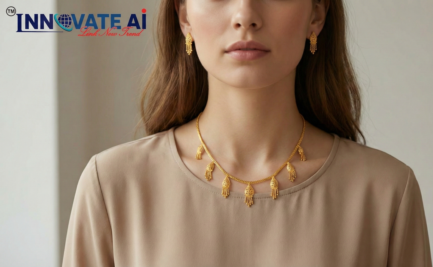 Close-up view of premium artificial Innovate Art Impex Gold Finished Filigree Teardrop Necklace with Jhumka Style Dangle Earrings   Ethnic Wedding Party Jwellery for Saree, Lehenga & Girls Dresses by Innovate Art Impex.