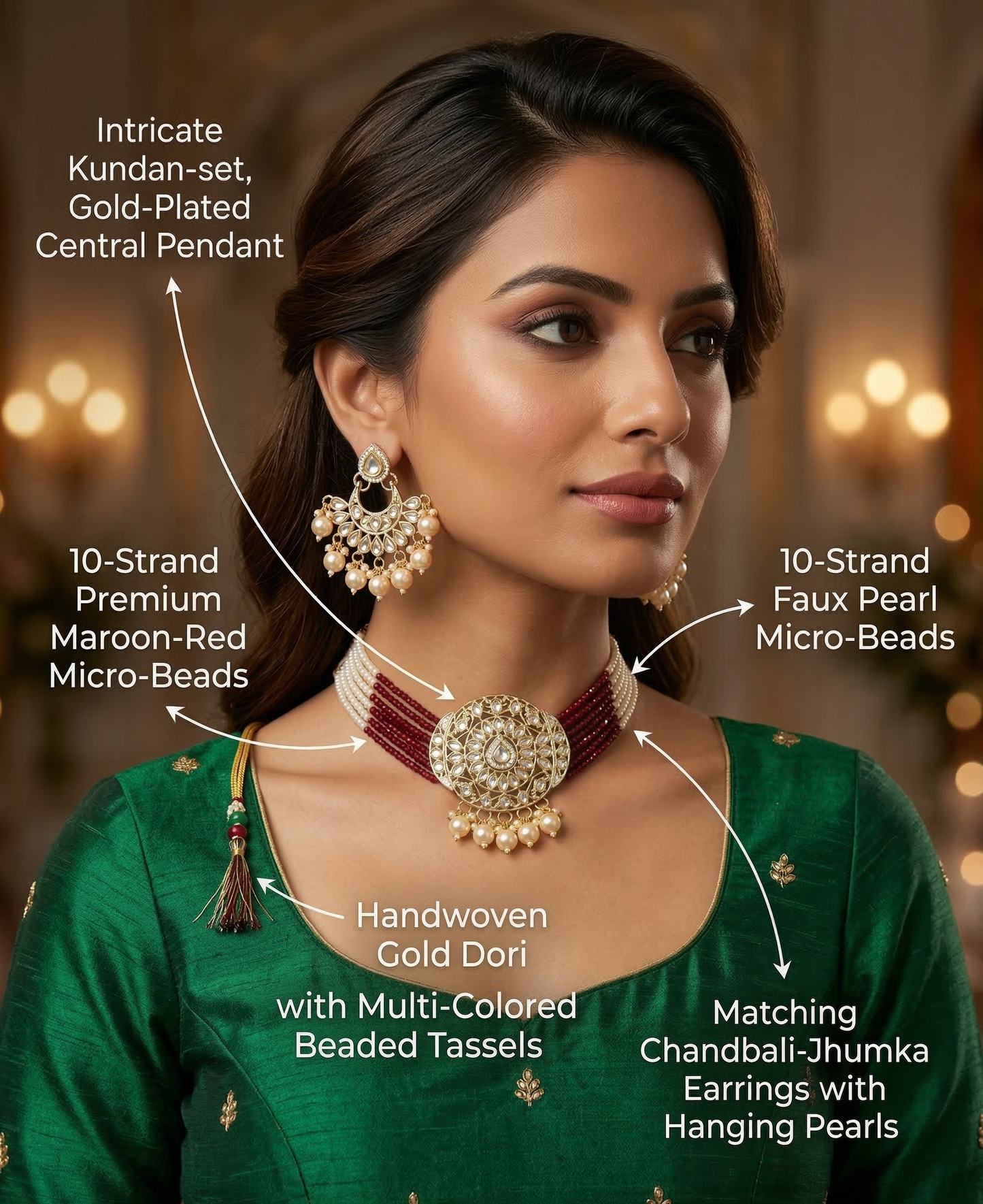 Close-up view of premium artificial Luxury Ethnic Multi-Strand Choker Jewellery Set with Chandbali Style Earrings by Innovate Art Impex.