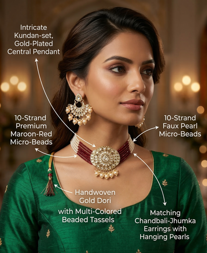 Close-up view of premium artificial Luxury Ethnic Multi-Strand Choker Jewellery Set with Chandbali Style Earrings by Innovate Art Impex.