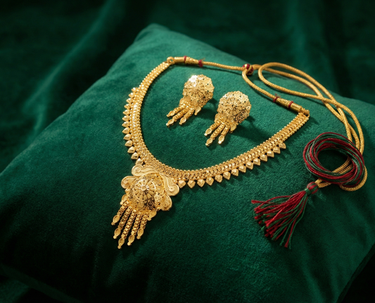 Close-up view of premium artificial Gold Toned Traditional Filigree Necklace Set with Floral Circular Pendant and Matching Latkan Earrings Zaveri Haldi Aesthetic Layered Butterfly Silk Thread Women Jwelleries Western Girls by Innovate Art Impex.