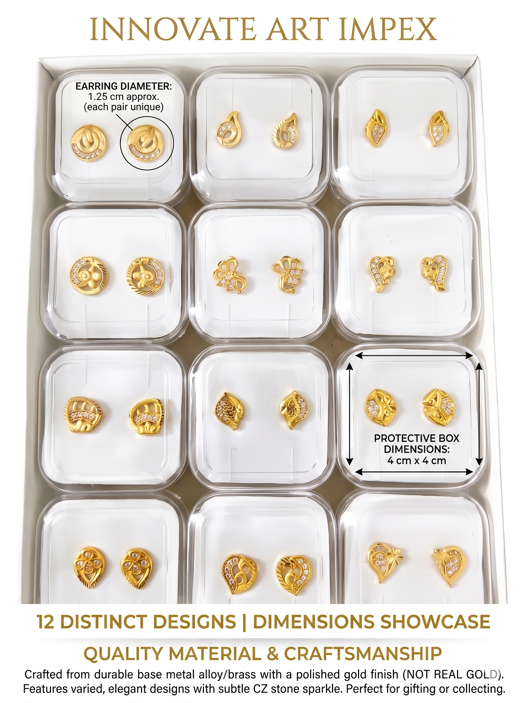 12-Pair Combo Set of Small Gold-Toned Filigree Stud Earrings for Women | Artificial American Diamond CZ Petite Tops (1.25 cm) | Lightweight Daily Wear Fashion Jewellery | INNOVATE ART IMPEX