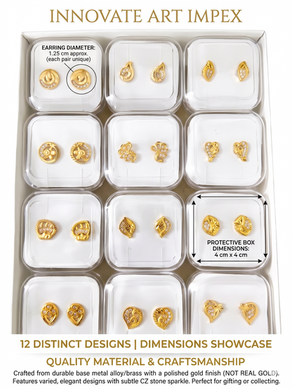12-Pair Combo Set of Small Gold-Toned Filigree Stud Earrings for Women | Artificial American Diamond CZ Petite Tops (1.25 cm) | Lightweight Daily Wear Fashion Jewellery | INNOVATE ART IMPEX