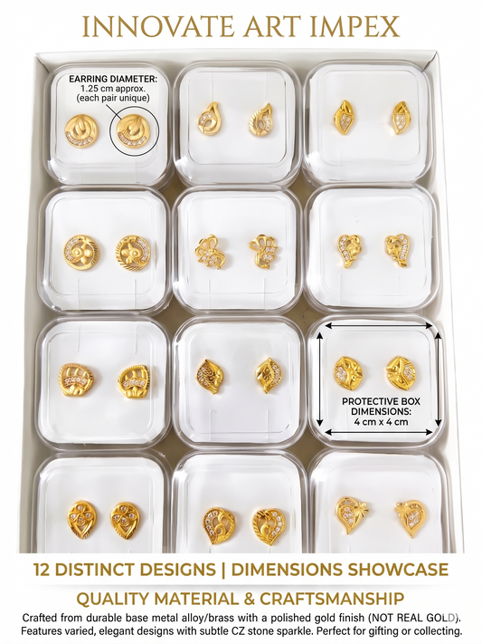 12-Pair Combo Set of Small Gold-Toned Filigree Stud Earrings for Women | Artificial American Diamond CZ Petite Tops (1.25 cm) | Lightweight Daily Wear Fashion Jewellery | INNOVATE ART IMPEX