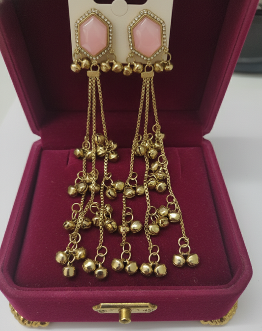 Close-up view of premium artificial Pink Hexagonal Stone Gold Tassel Drop Earrings   Elegant Statement Jewelry by Innovate Art Impex.