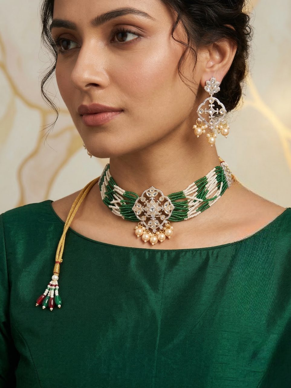 Close-up view of premium artificial Ethnic Geometric Kundan Statement Necklace Set with Dual-Tone Bead Strands by Innovate Art Impex.