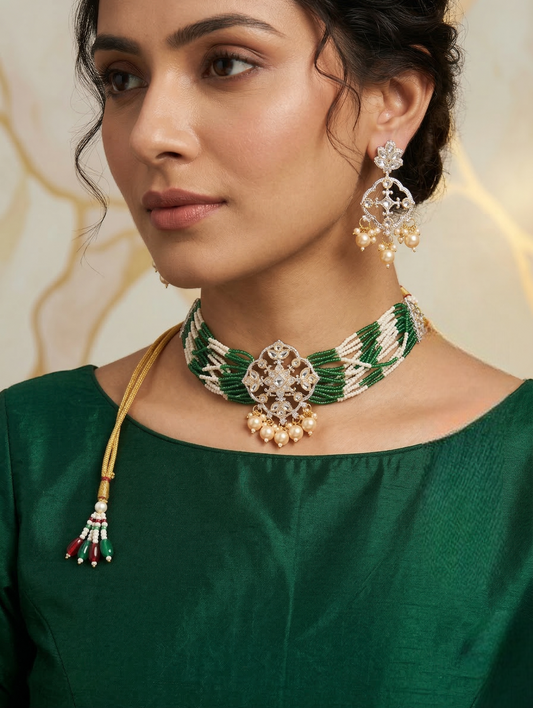 Close-up view of premium artificial Ethnic Geometric Kundan Statement Necklace Set with Dual-Tone Bead Strands by Innovate Art Impex.