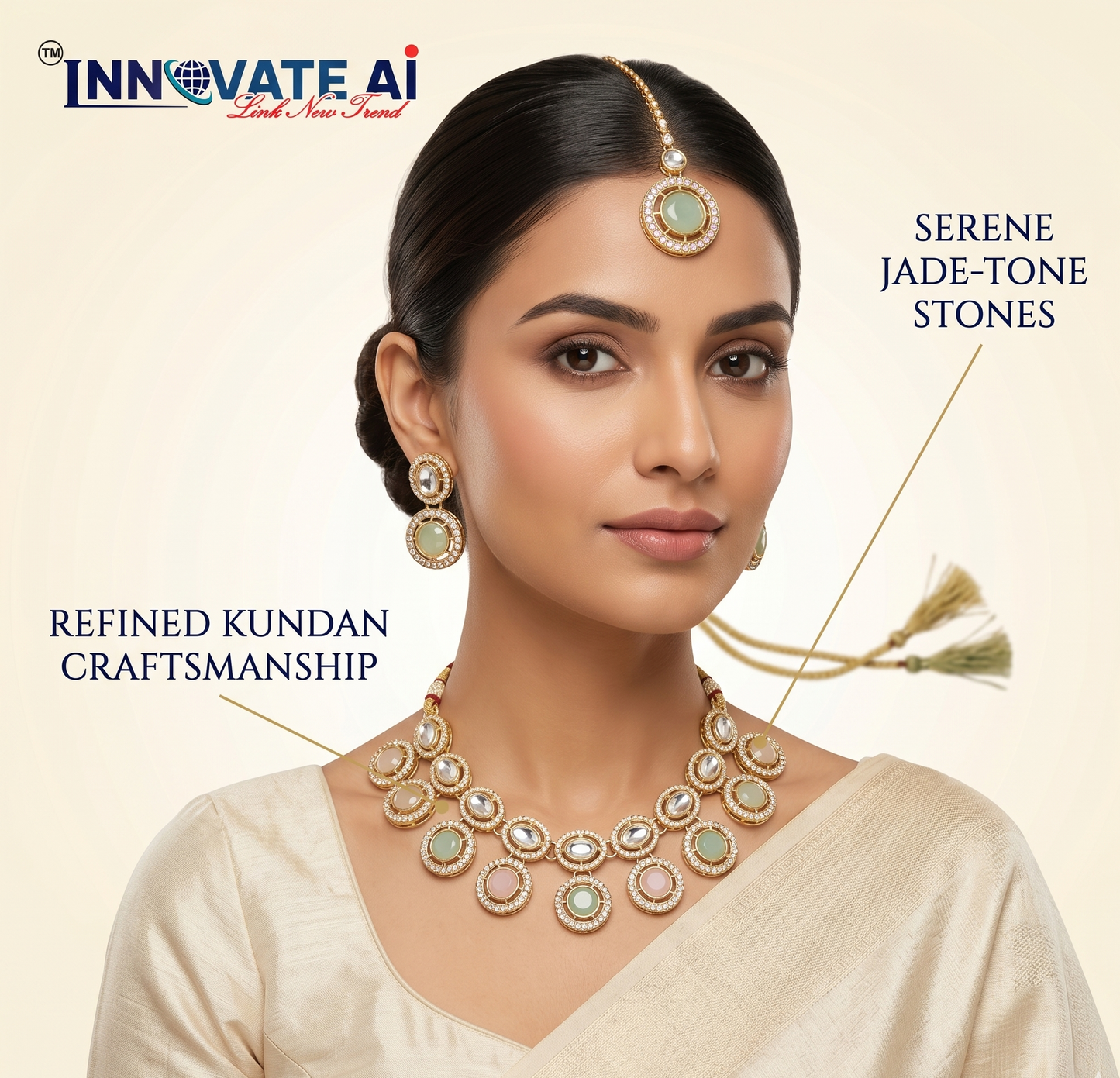 Woman wearing gold jewelry with 'Innovate AI' branding on a beige background