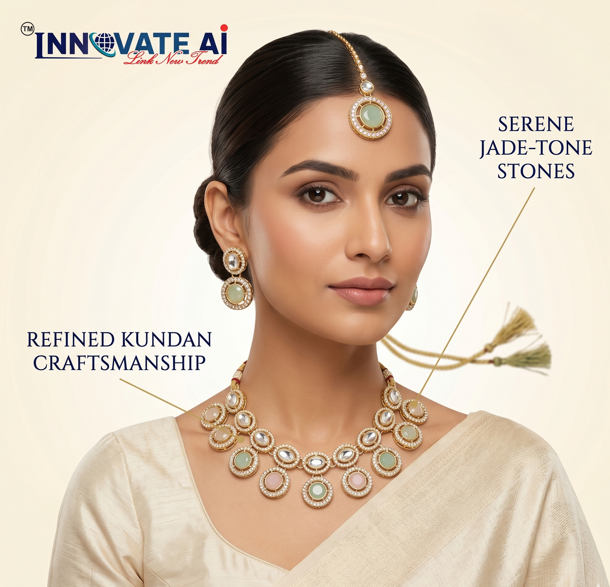 Woman wearing gold jewelry with 'Innovate AI' branding on a beige background