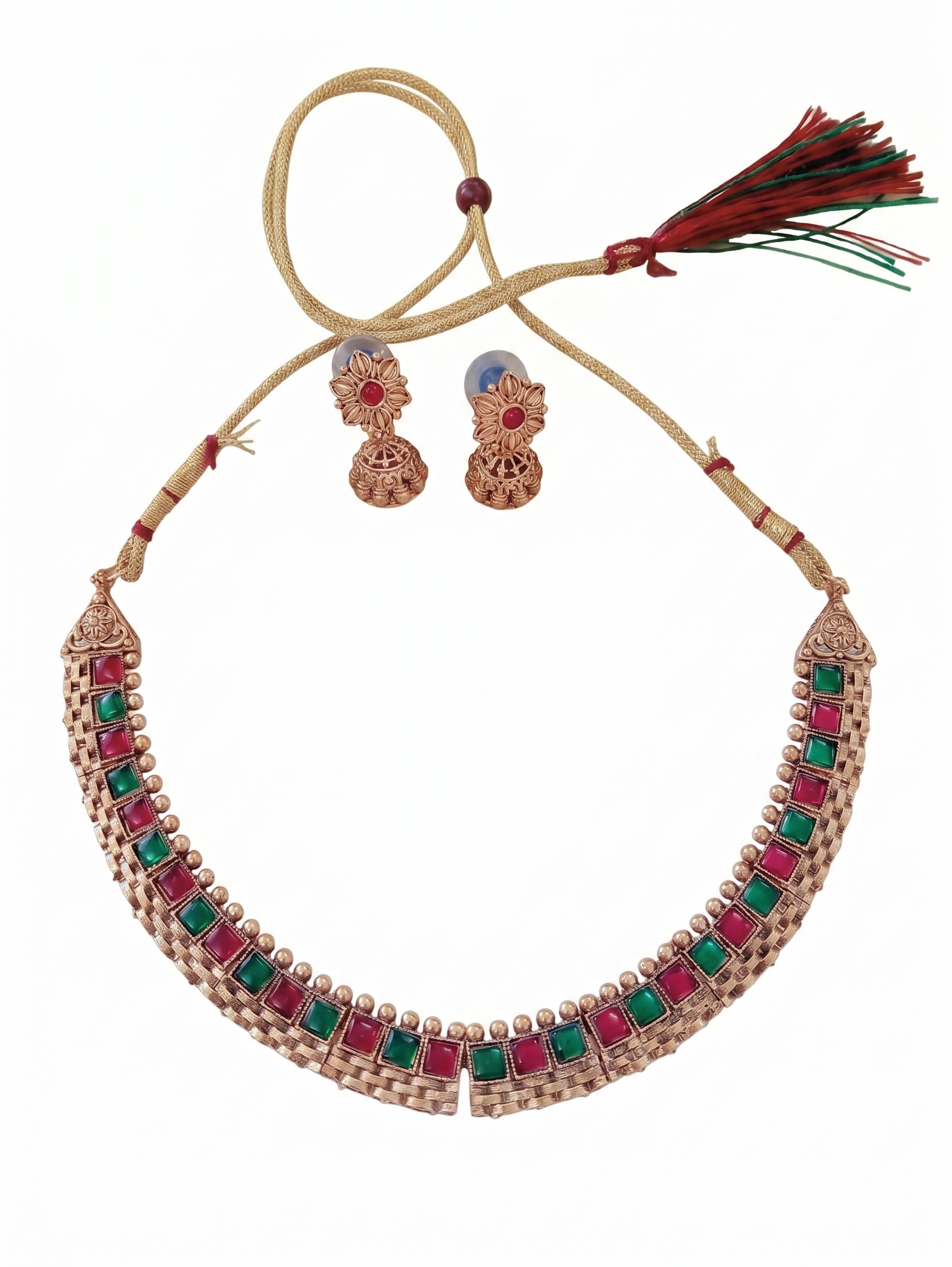 Jewelry set with necklace, earrings, and hair accessories on a white background