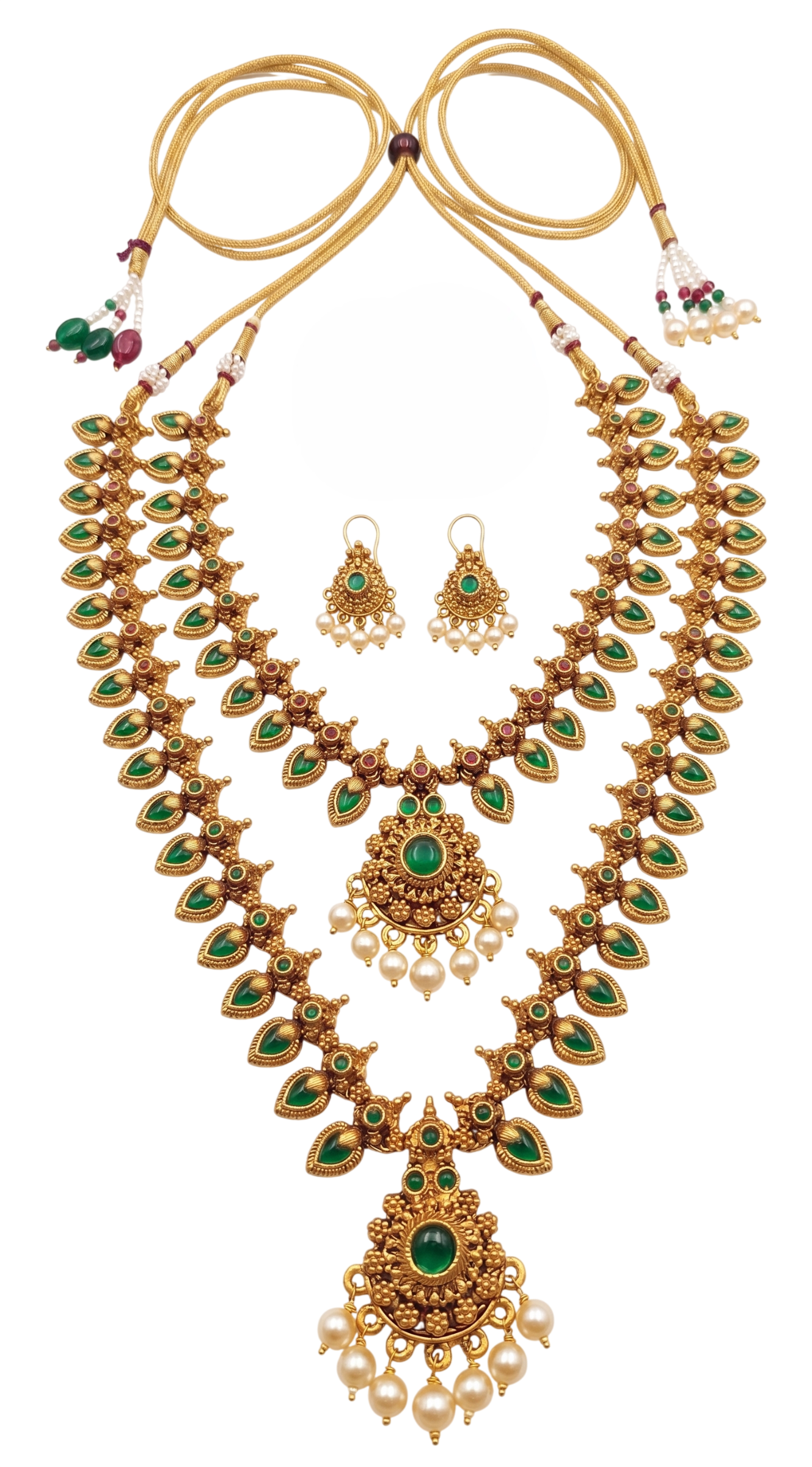 Antique Gold-Toned Palakka Motif Layered Temple Necklace Combo Set with Artificial Stones
