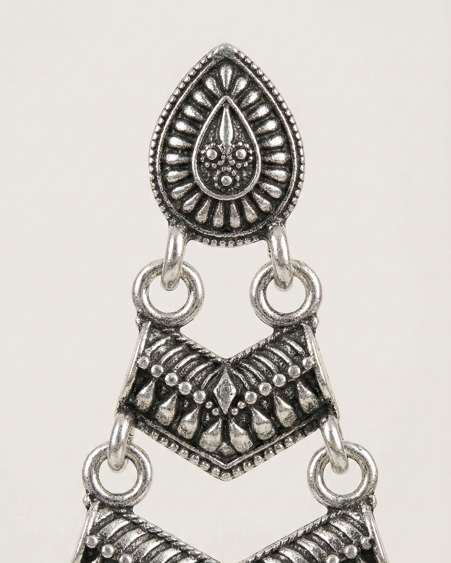 Close-up view of premium artificial Oxidized Silver Traditional Chandelier Earrings for Women by Innovate Art Impex.