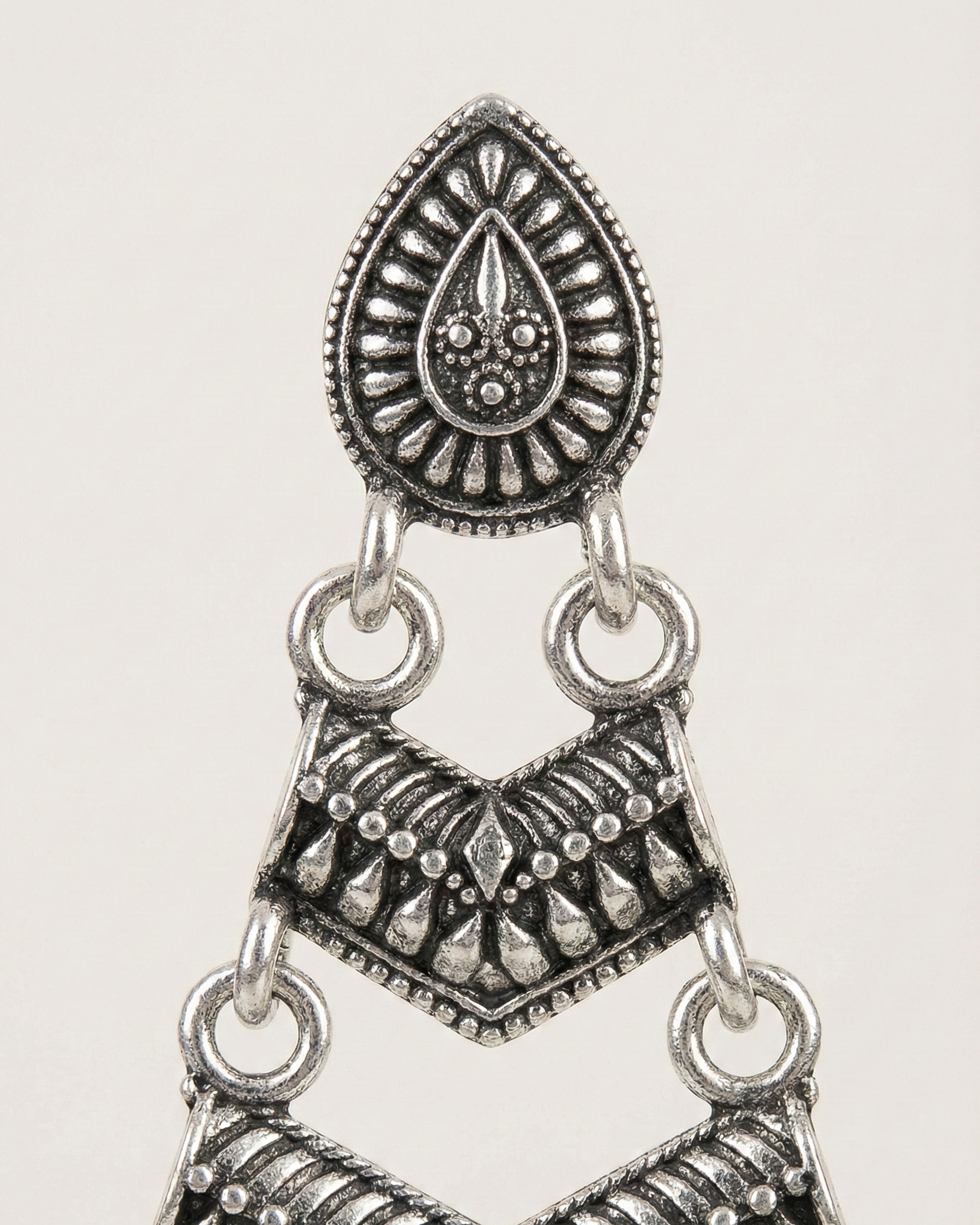 Close-up view of premium artificial Oxidized Silver Traditional Chandelier Earrings for Women by Innovate Art Impex.