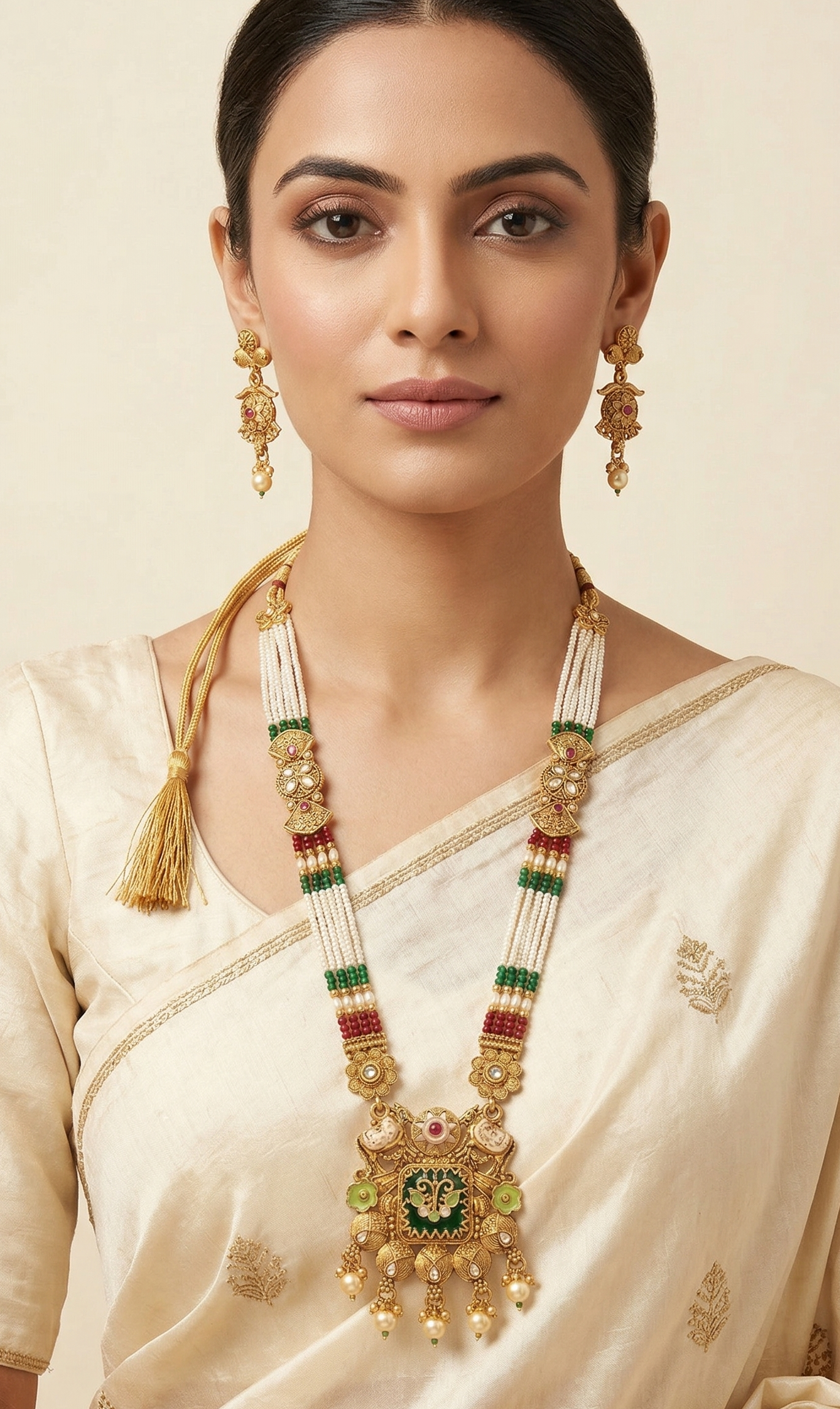 Close-up view of premium artificial Heritage Meenakari & Pearl Multi-Strand Long Necklace Set (Rani Haar) by Innovate Art Impex.