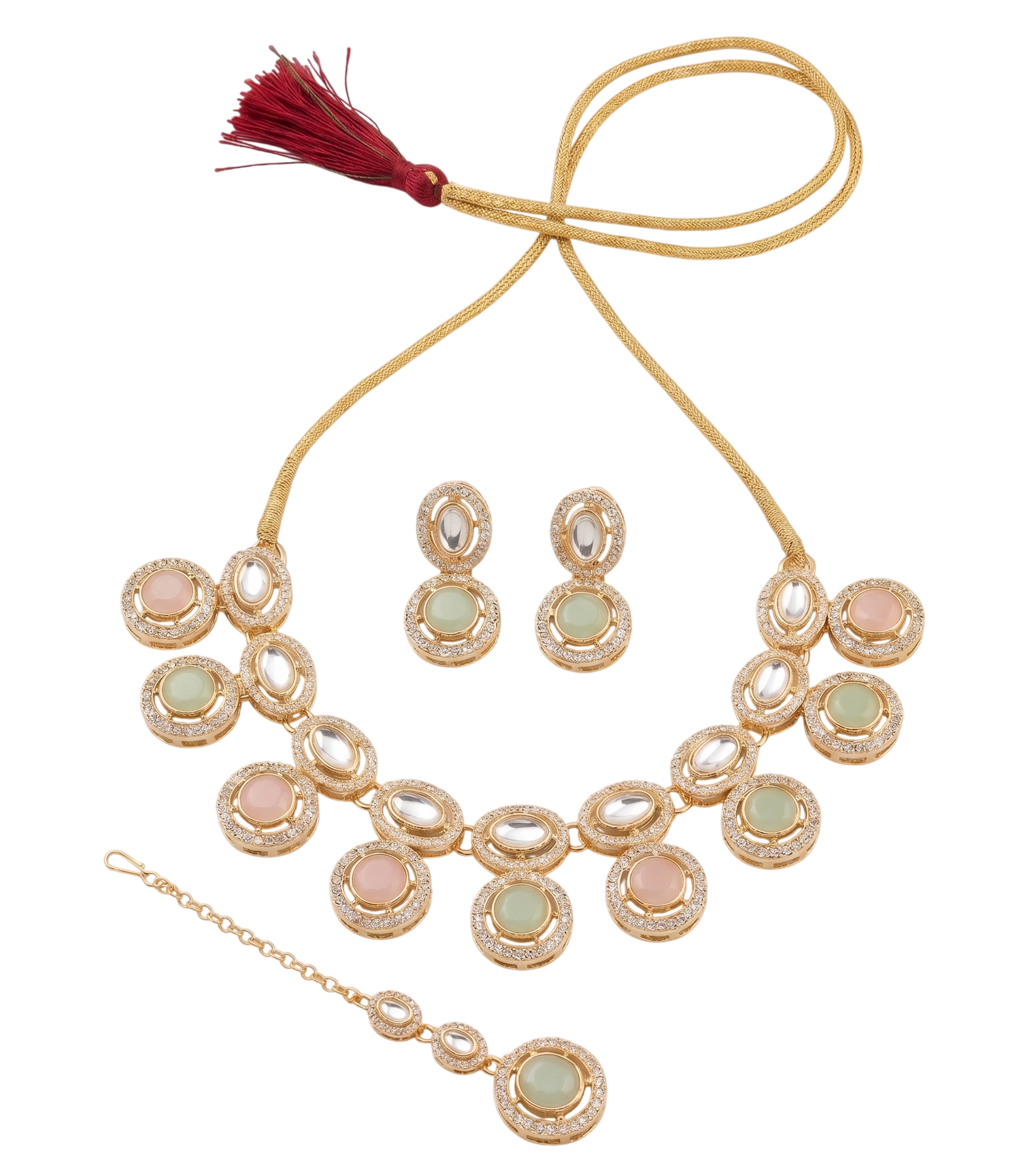 Jewelry set with necklace, earrings, and chain on a white background