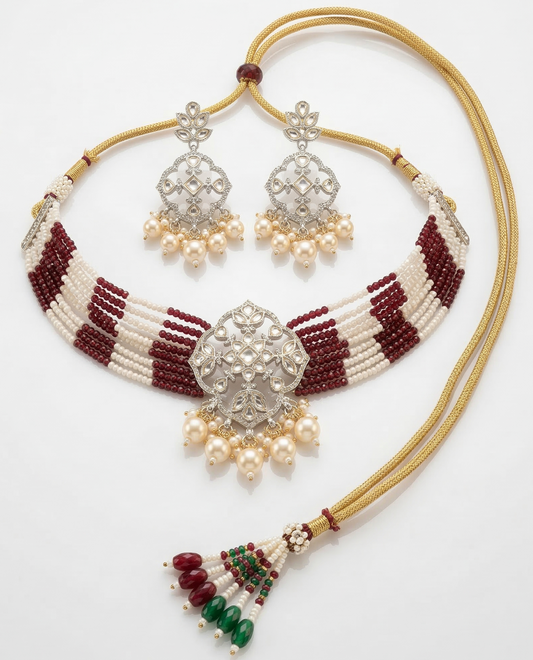 Designer Silver-Plated Kundan Choker Set with Multi-Strand Seed Beads & Drop Earrings