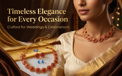 Woman wearing the traditional red meenakari choker necklace and stud earrings with an ethnic silk saree.
