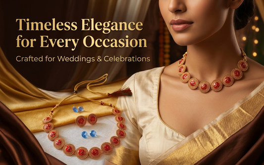 Woman wearing the traditional red meenakari choker necklace and stud earrings with an ethnic silk saree.